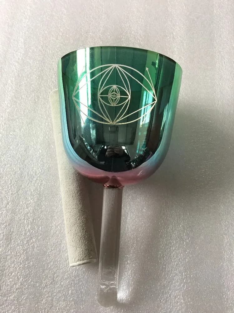 4th octave Perfect A note third eyes charka colored crystal singing handle bowl with Sky Eyes carved or A# Pineal chakra