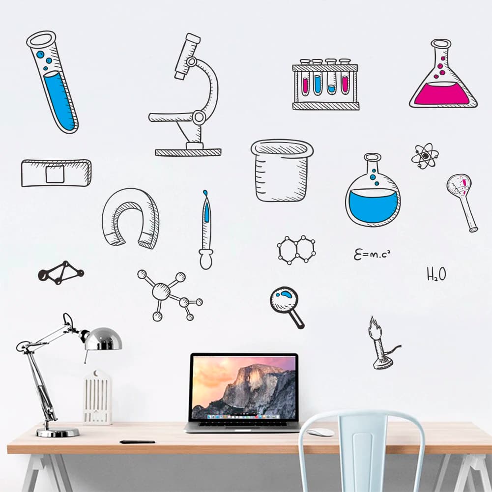 Microscopio Scienza Scienziato Chimica laboratorio della Scuola dormitorio Autoadesivo Della Parete per la camera da letto dello studente di Arte Murale Della Decalcomania