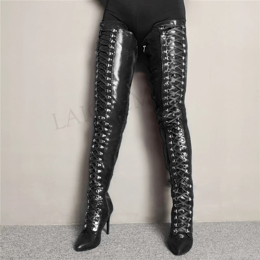 LAIGZEM SEXY Donna Stivali alti alla coscia Stivali con tacco largo al polpaccio Stivali con lacci Tacchi a spillo sopra il ginocchio Botines Mujer Big Size 4-14