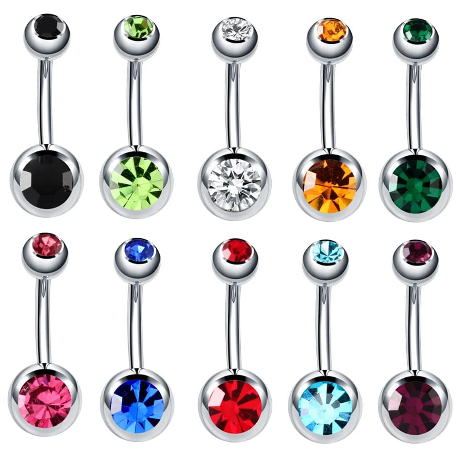 Lotto 1 Pezzo Acciaio Chirurgico 316l Doppio CZ Gemma Ombelico Anelli Gemma Colorata Ombelico Bar Piercing Moda Gioielli Affascinanti 14g