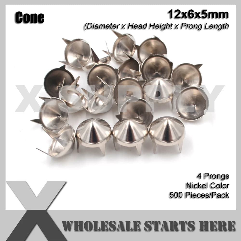 Chiodi a Cono in Metallo Stile Punk Fai-da-Te 12mm in Argento (Nichel) con 4 Punte per Lavorazione del Cuoio/Borse/Scarpe/Abbigliamento/Giacche