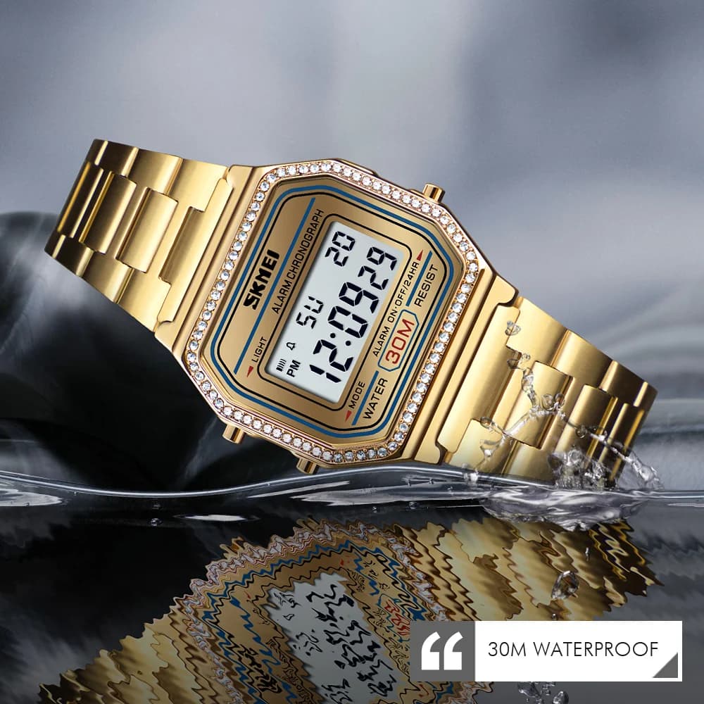 Di lusso Della Signora Orologio SKMEI Nuovo Delle Donne Della Vigilanza Digitale Orologio Da Polso 30 M Impermeabile Orologi Da Donna In Acciaio Inox Orologio Relogio Feminino