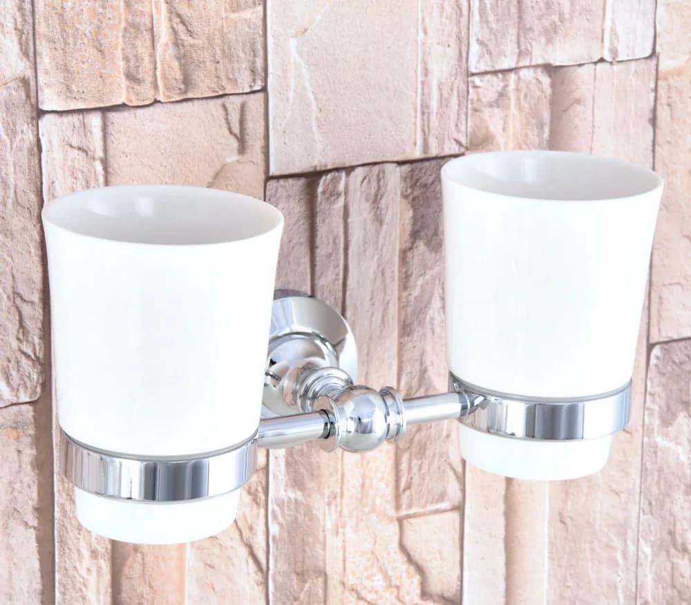 Set portaspazzolino da bagno in ottone cromato lucido montato a parete Accessorio da bagno Doppia tazza in ceramica mba798