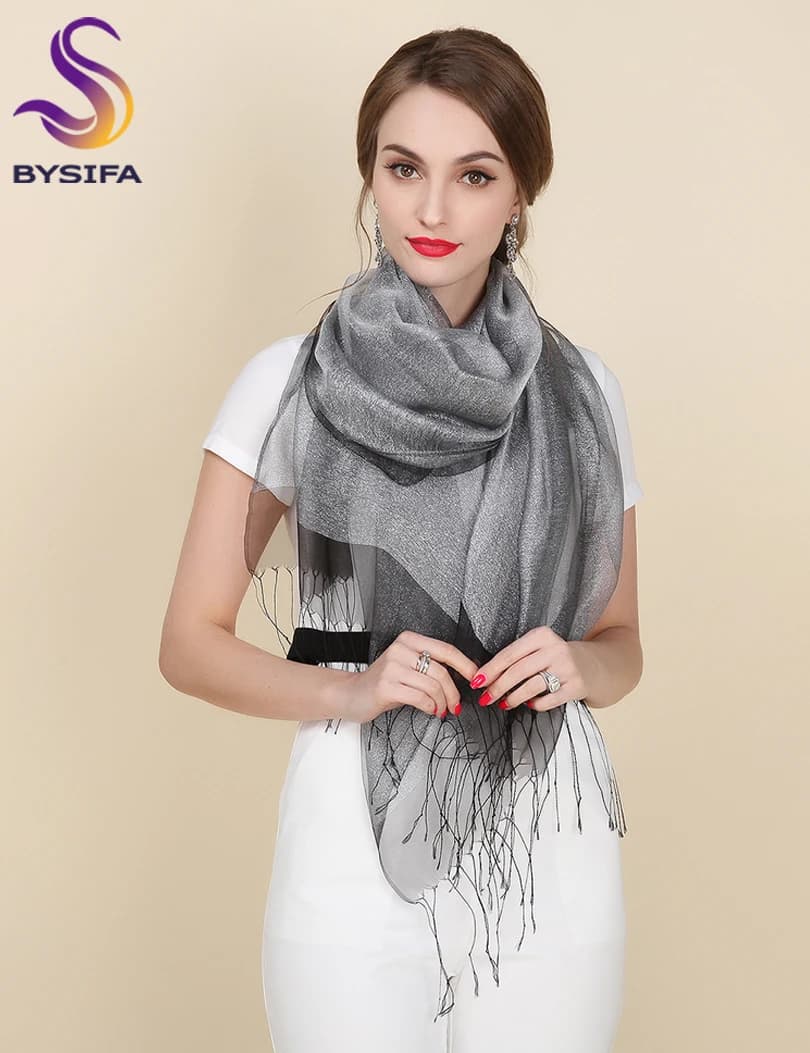 Nuovo Elegante Organza di Seta Dello Scialle Della Sciarpa di Modo 100% di Gelso di Seta Grigio Argento Femminile Lunghe Sciarpe Autunno Inverno Delle Signore Del Capo Della Nappa