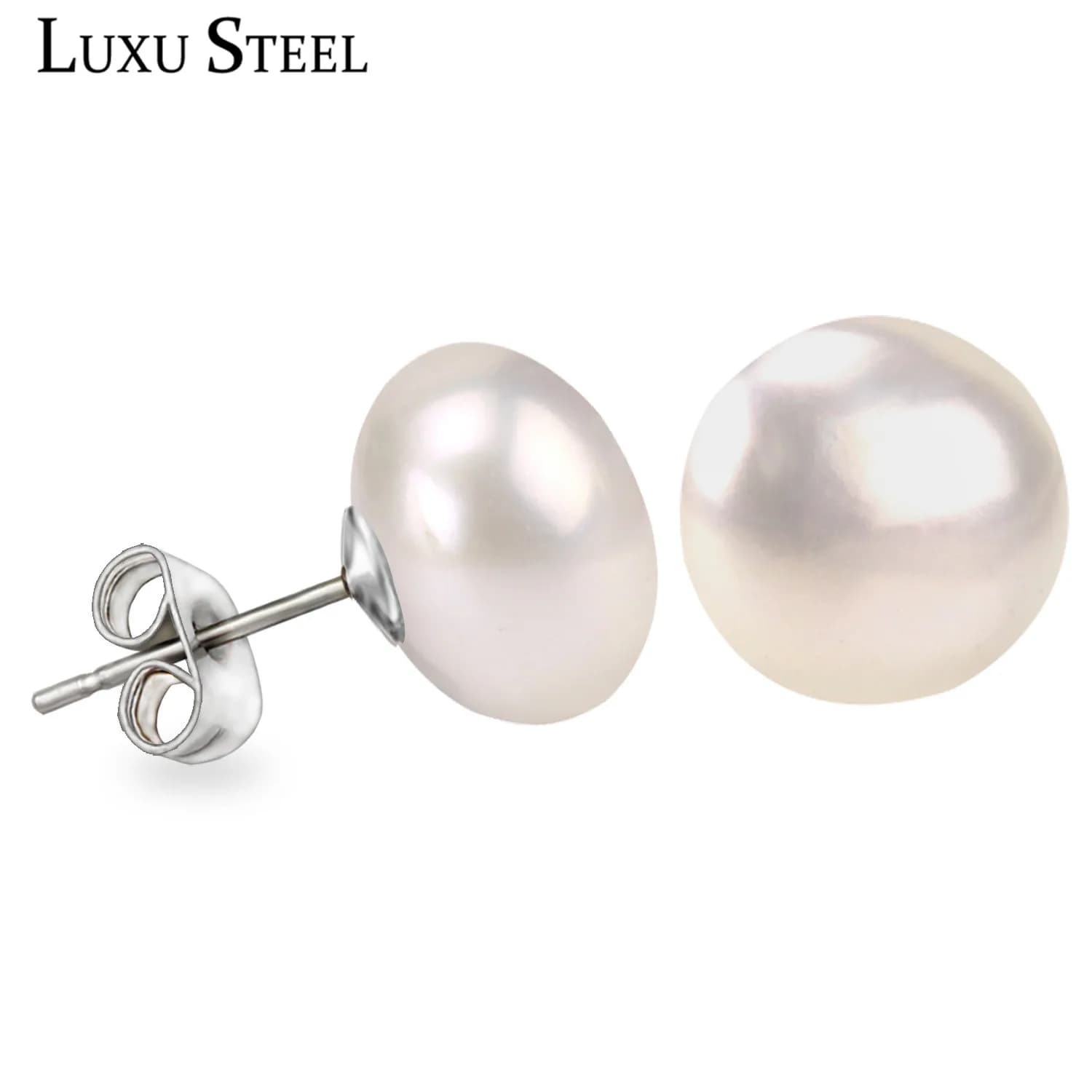 LUXUSTEEL Safety Pin Earrings 6MM Jewelry Palace Fashion Freshwater Cultured Pearl Button Ball Stainless Steel Stud Earrings