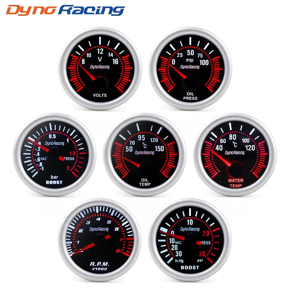 Dynoracing 2 "52mm Lente fumé Boost manometro bar psi Vuoto Temperatura dell'acqua Temp dell'olio Pressa dell'olio Voltmetro Livello carburante Contagiri calibro giri/min