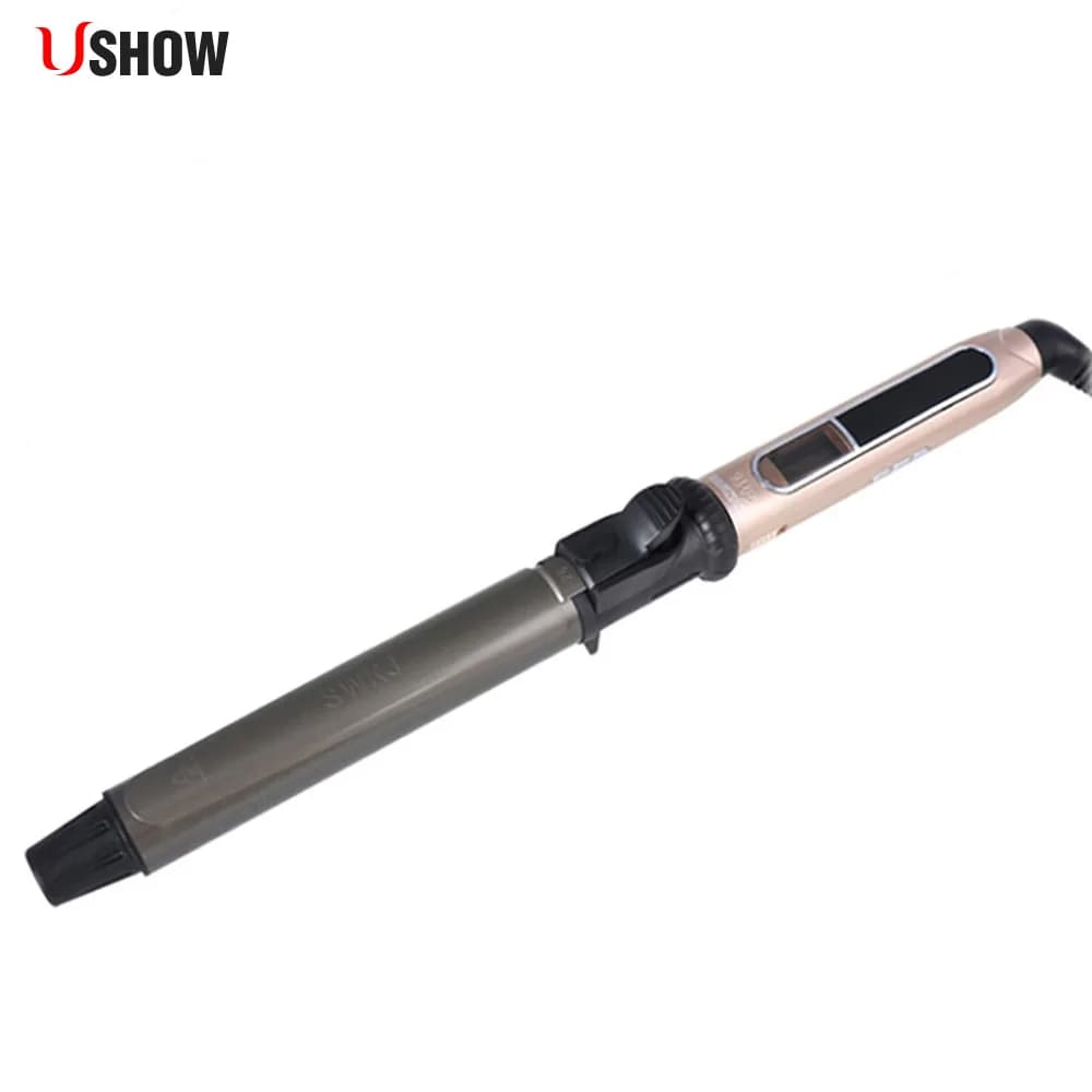 Professional rotating hair curler USHOW Black Titanium Nano + Gold Hairpins with LED Digital Display