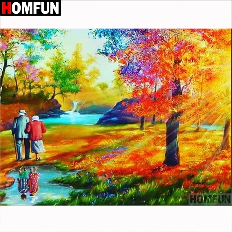 HOMFUN Pieno Quadrato/Rotondo Trapano 5D Pittura Diamante FAI DA TE "Autunno boschi" 3D Diamante Ricamo Punto Croce Complementi Arredo Casa A18706