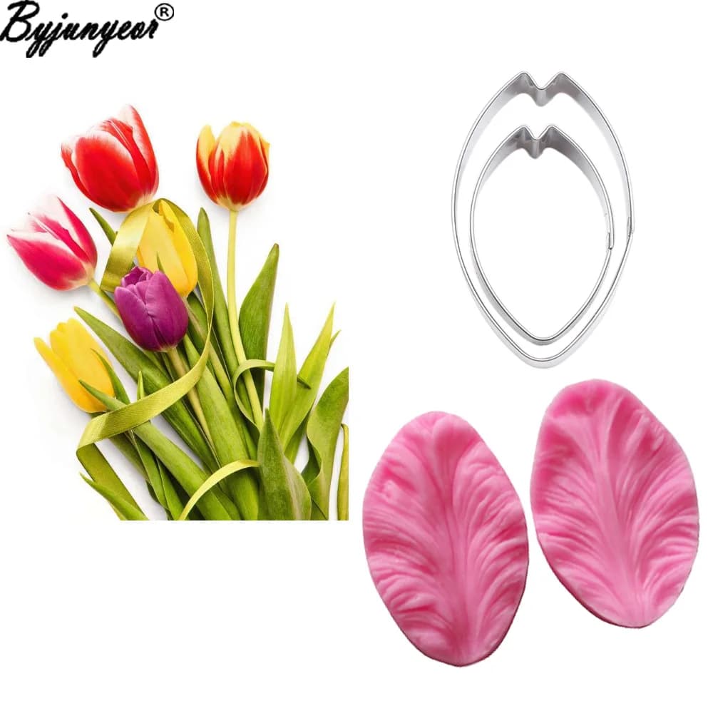 Tulipani Cookie Cutter Vena di fiori Stampi in silicone Fondente Sugarcraft Gumpaste Resina Argilla Acqua Carta Strumento per decorare torte CS166