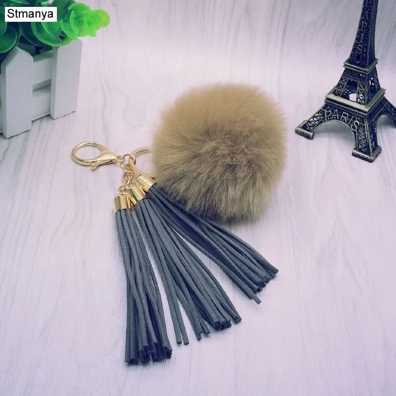 Women Tassel Fur Ball Key Chain with 3 Tassels and 8cm Pompom Plated Gold Color For Car Keychain Bag Key Ring Jewelry 16012