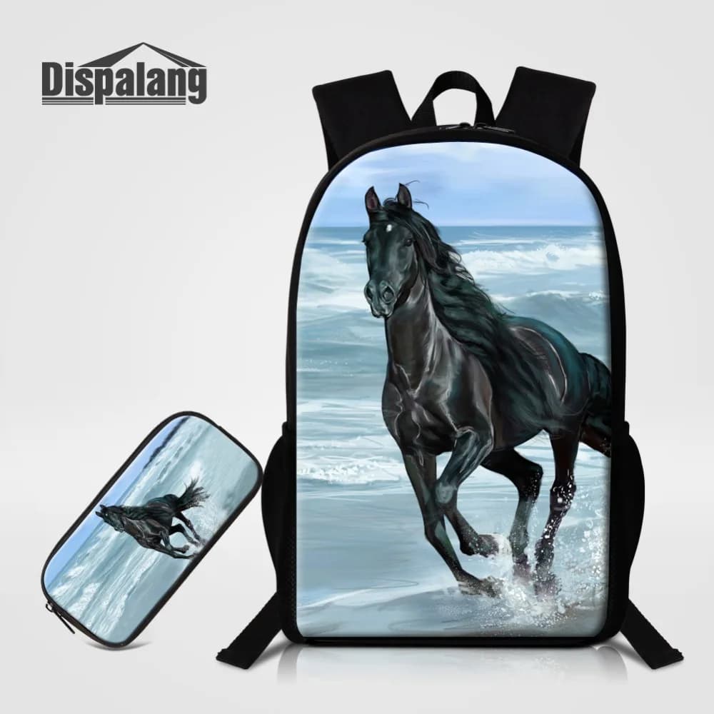 Custom Logo Backpack and Pencil Case 2PCS Set,Horse Unicorn Fox Sublimation Print, School Bag for Girls,Painting Design Children