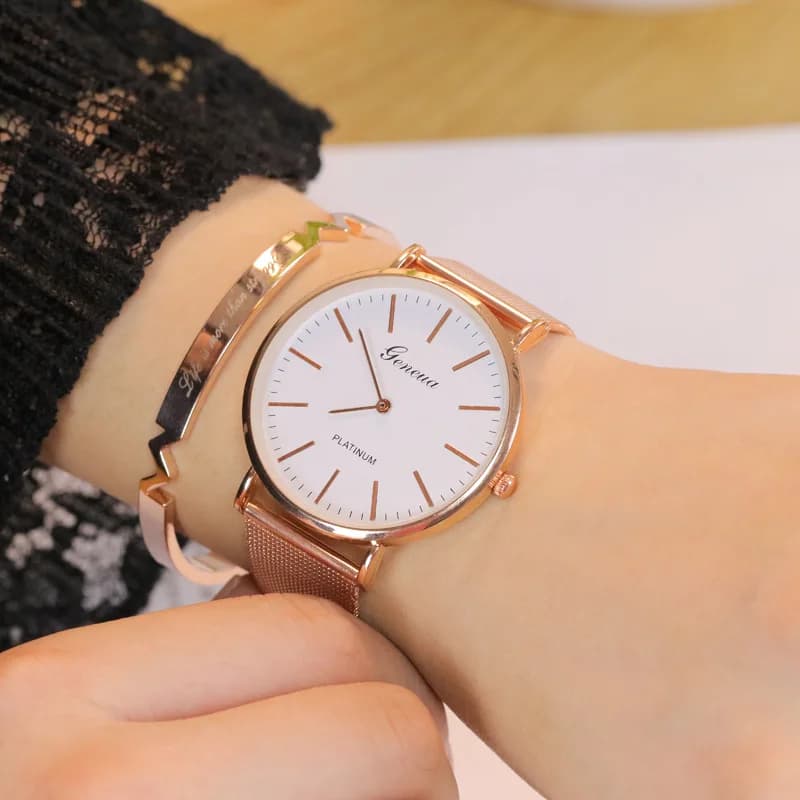 2025 New Brand Geneva Women's Casual Quartz Watch Rose Gold Stainless Steel Watches With Wire Mesh Relogio Female Wrist Watch