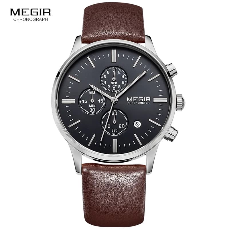 Men's Megir Luminous Quartz Watches Waterproof Sports Watch Men's Leather Trade Wrist Watch 2011 Free Shipping