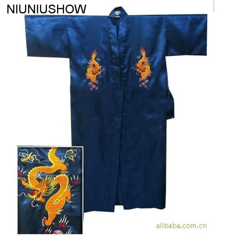 Men's Blue Navy Dragon Silk Satin Dress Size SML XL XXL XXXL S0103-E