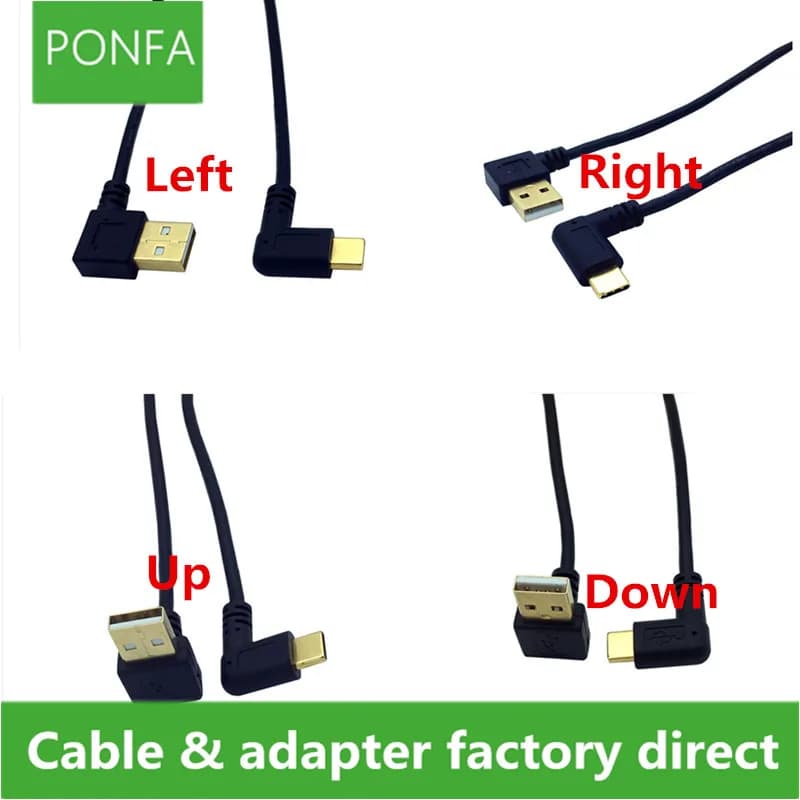 USB 2.0 Up & Down & Left & Right Angle 90 Degree A Male to USB 3.1 USB-C Type-C Left & Right Angle USB Data Charge Cable 25cm