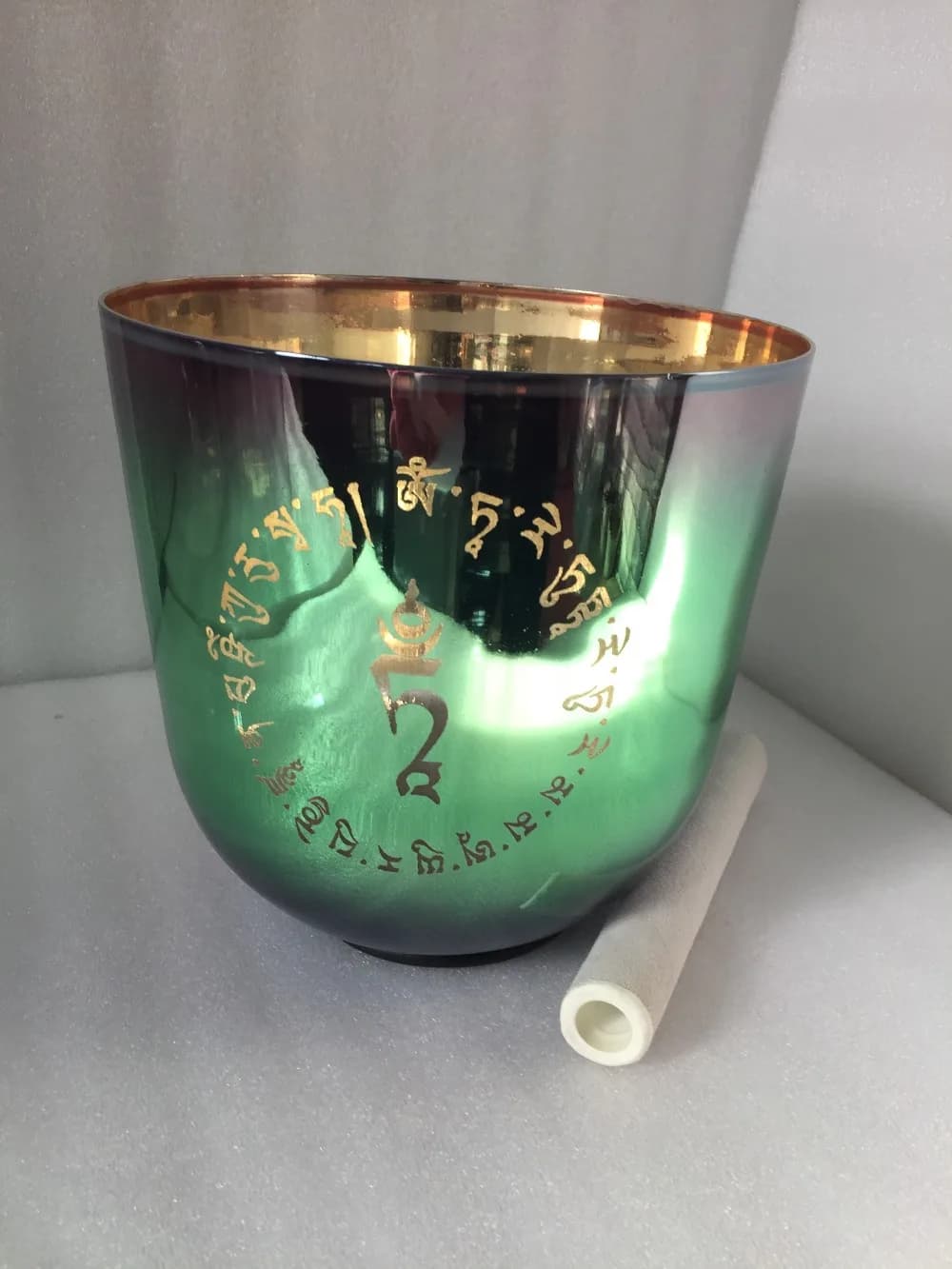 2nd Octave colour Crystal Singing Bowl about 9.5 Inch,432HZ, Perfect musical note F or F# With carved"green tara mantra" design