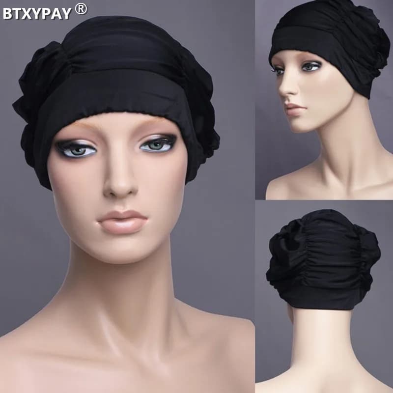 Women's long hair ear protection swim caps, beach hat for sports pool, swimming head with high elastic folds for teenage girls