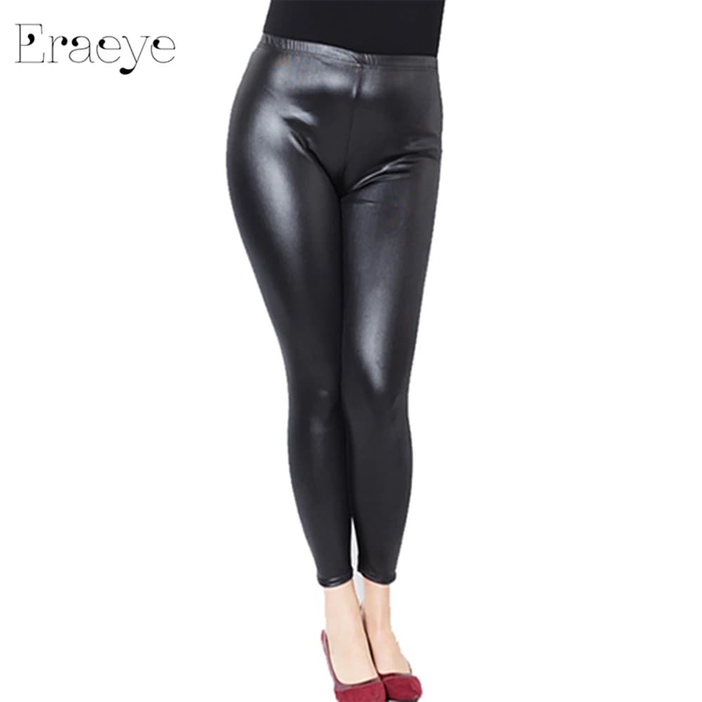 ERAEYE Donne Alta Elastico Sottile Faux Leather Leggings Large Size Xl-5xl Imitazione Pantaloni In Pelle Skinny Shiny Black Plus. Leggings