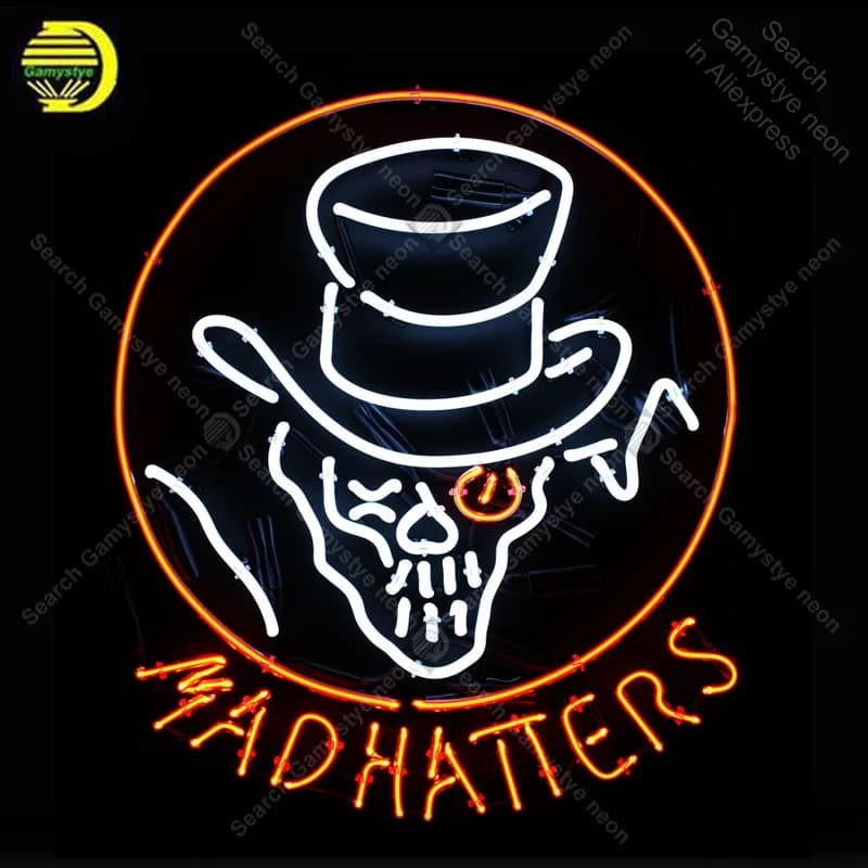 SEGNELLO A NEON Per Madhatt Lampada Al NEON Teschio Con Cappello Tubo di VETRO Decor Birra Pub SIGN Classico Artigianato anuncio luminoso Dropshipping