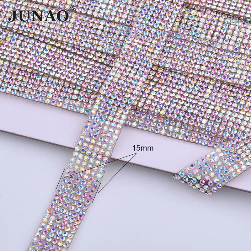 JUNAO 5Yard Crystal AB Strass Trim Tessuto Hotfix Strass Applique Catena Pietre di Vetro Cintura di Maglia Per I Vestiti Borse Decorazione