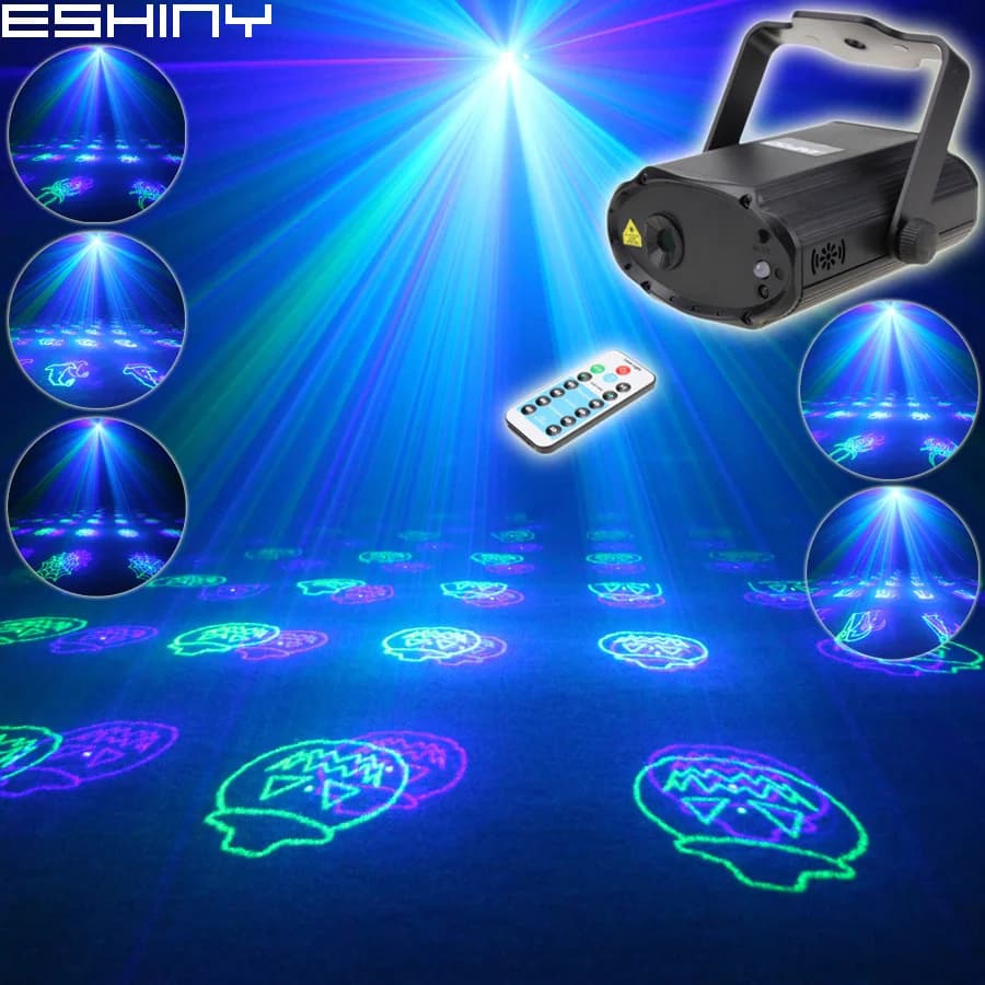 ESHINY Proiettore Laser Blu Verde MINI con Telecomando, 12 Motivi Halloween, per DJ, Discoteca, Bar, Feste in Famiglia, Spettacoli di Luci Natalizie T173D3