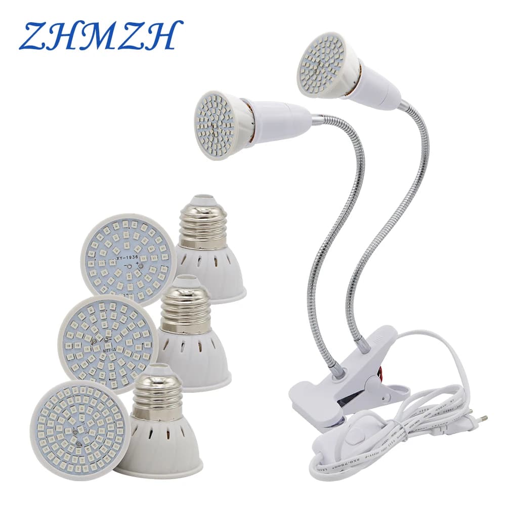 E27 LED Lampada per coltivazione di piante Lampadina 110V 220V Flessibile a due teste Clip Lampada per coltivazione 60 80 LED Base Luci di crescita idroponica Spettro completo