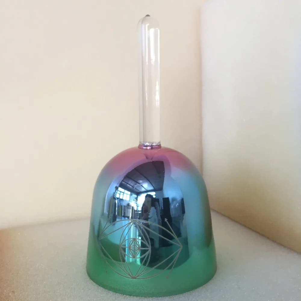 Titanium colors crystal singing handle bowl 4th octave perfect 432hz A# ( sharp ) Pineal chakra with Sky Eye carved design