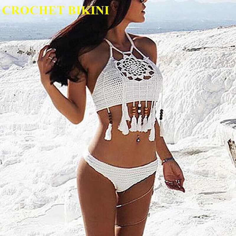 CROCHET BIKINI Sexy del Halter Tie di Lavoro A Maglia di New Beach Costumi Da Bagno Halter In Rilievo Della Nappa Crop Top Brasile Bikini Costume Da Bagno Costume Da Bagno