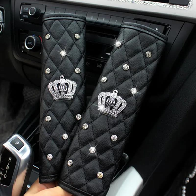 CDCOTN car safety belt cover leather safety belt straps crystal rhinestones gear cover diamond hand brake cover