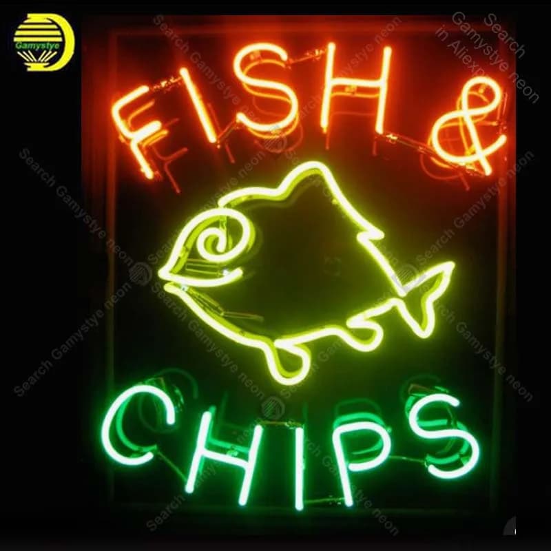 Insegna al neon per patatine di pesce Insegna classica con lampadina al neon artigianale Insegna al neon alimentare Decora le luci da parete al neon dell'hotel anuncio lum