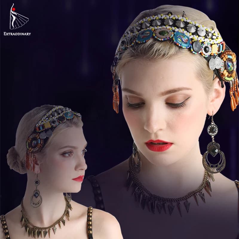 Copricapo da donna per danza del ventre Accessorio tribale Copricapo fatto a mano Copricapo zingaro Orecchini Collana Gioielli per spettacoli teatrali