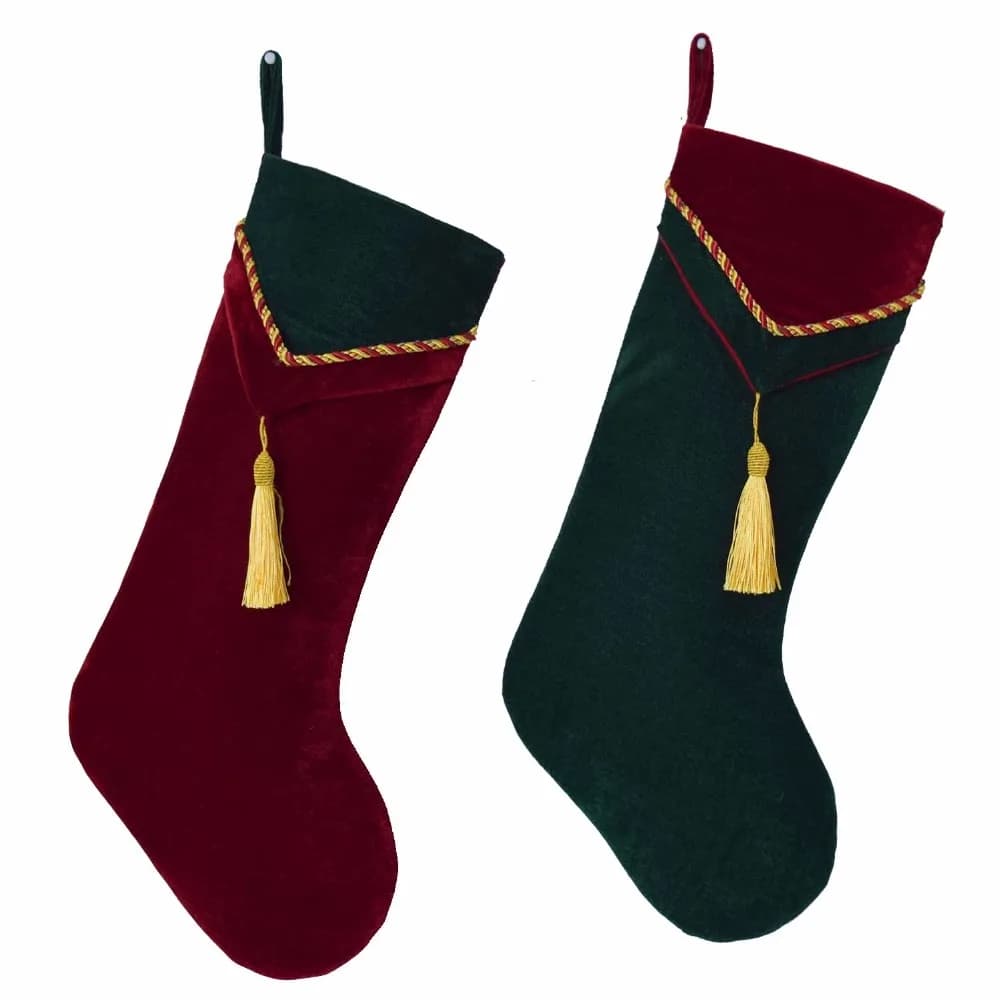 Nuovo Set arrvial di 2 calze di velluto rosso e verde con calze decorative con nappe calze natalizie P8045