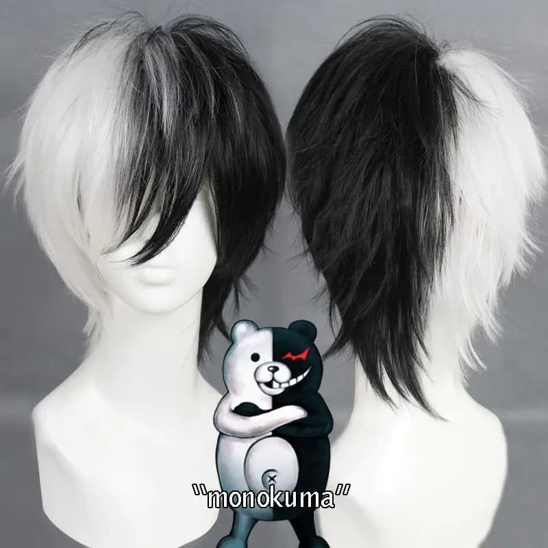 Gioco anime Danganronpa Parrucca orso bianco e nero Cosplay monokuma capelli sintetici corti e soffici + berretto per parrucca
