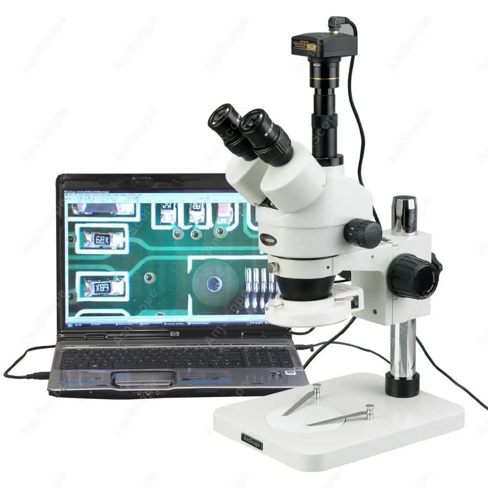 Stereo Trinocular Microscope with Zoom AmScope 3.5X-180X + 144 LED Ring Light and 5MP USB 2.0 Camera on Column Support