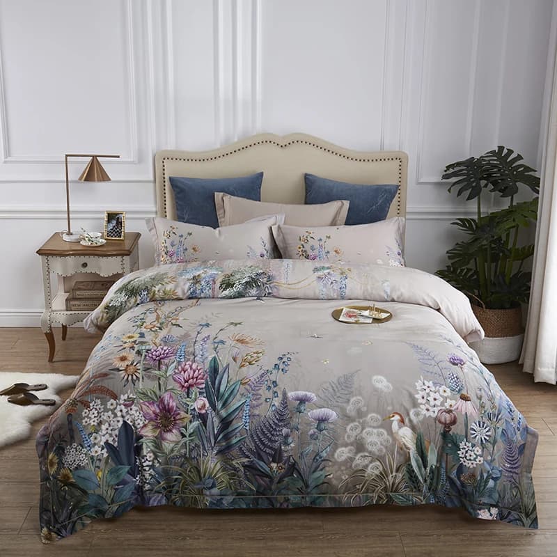 100% cotone egiziano formato usa biancheria da letto matrimoniale King size 4 pezzi uccelli e fiori foglia grigio Shabby copripiumino lenzuolo fodere per cuscino