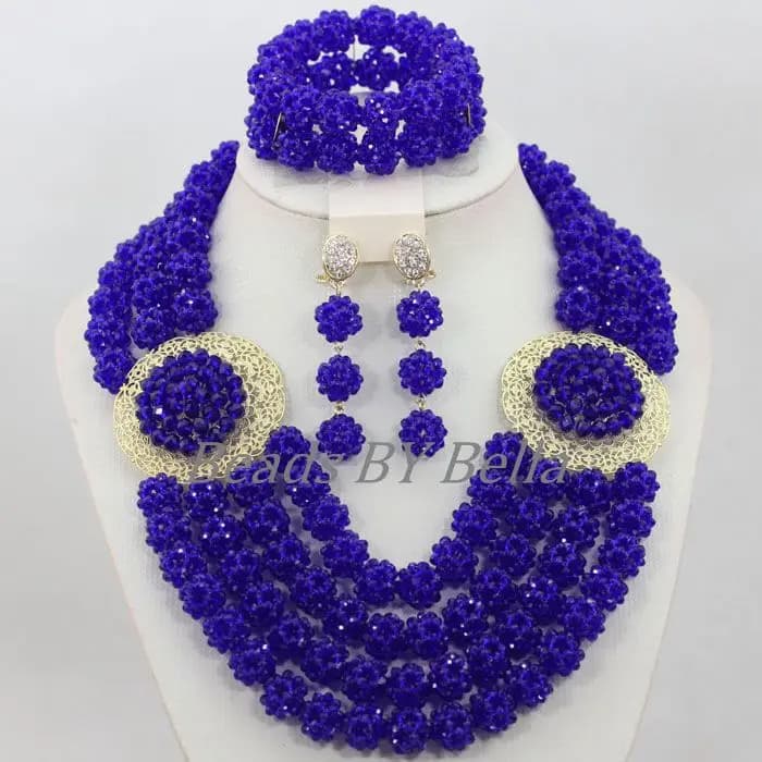 Set di Gioielli con Perle Africane Chunky per Matrimoni Nigeriani, Collana con Sfere Blu Reale ABF719