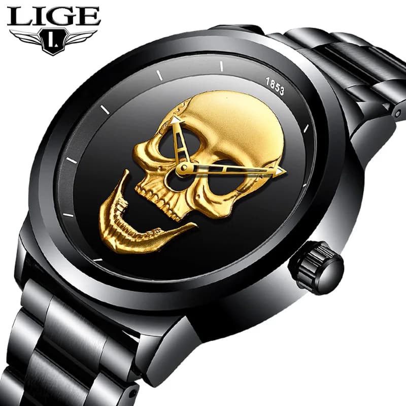 LIGE Skeleto Orologio da uomo Top Brand Casual 3D Skull Acciaio pieno Impermeabile Sport militare Orologio da polso al quarzo maschile Relogio Masculino