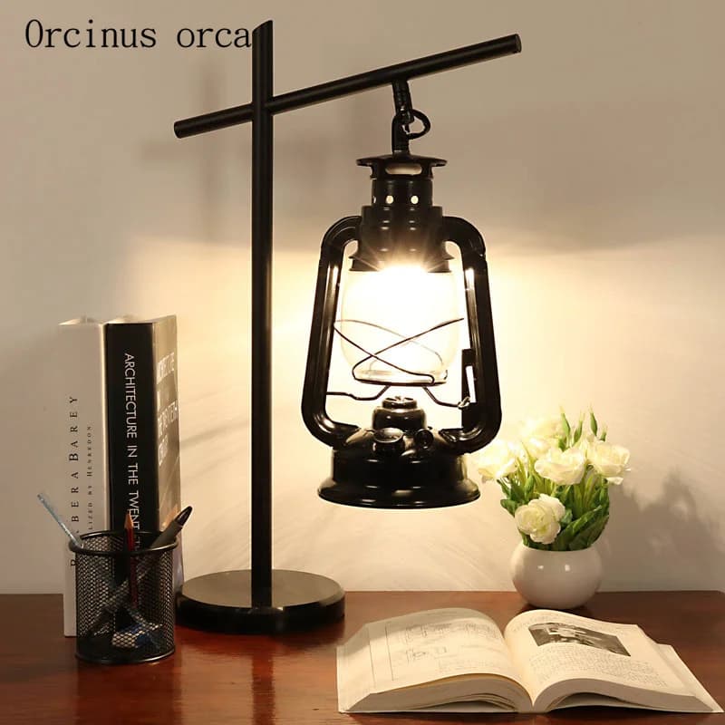 Lampada da comodino rustica in stile americano con cherosene, lampada da comodino per soggiorno, lampada da scrivania a LED in ferro e vento industriale nordico, spedizione gratuita