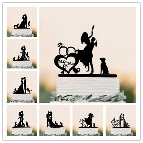 Mixed Style Black Acrylic Bride and Groom Silhouette with Pet Dog Cat Mr & Mrs Toppers for Wedding Cake Decorating Accessory