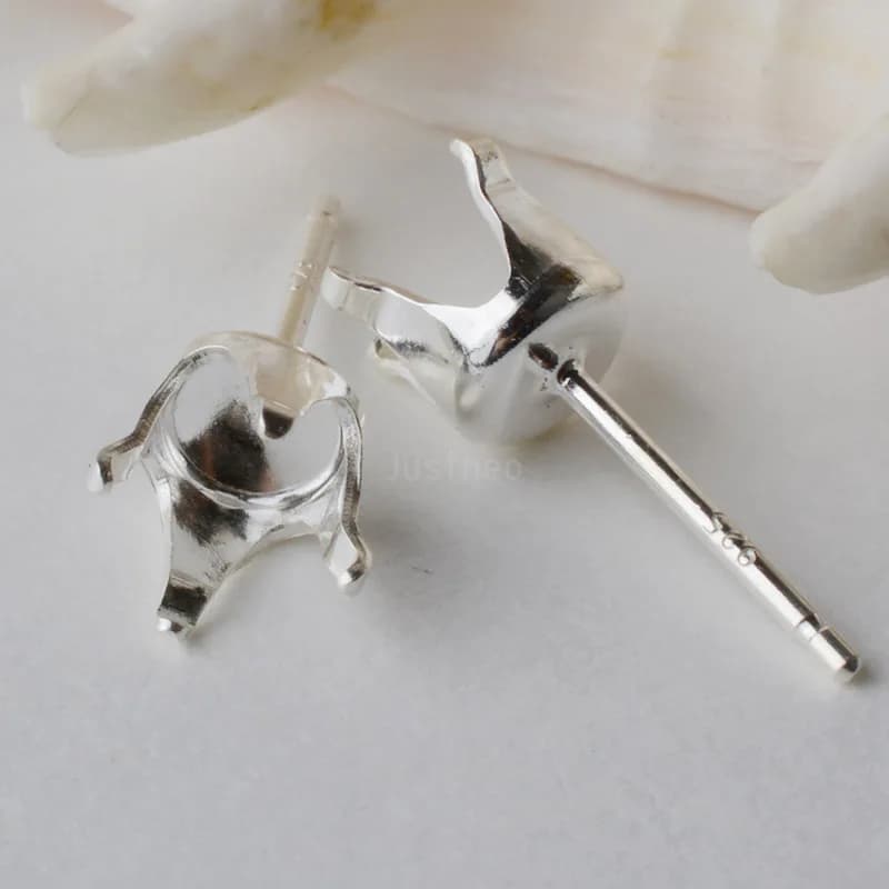 925 Sterling Silver Button Earring with snaptite, 4 tips, with snap frame for stones and round crystals, 1 pair