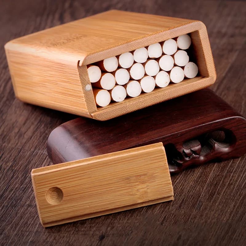 Creative Natural Eco-friendly Handmade Bamboo Wood Whole Package Cigarette Box Engraving Word Gift Retro Smoking Set Storage Box