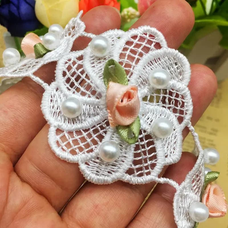 10X Soluble Rose Flower Pearl Embroidered Mesh French Lace Trim Ribbon Fabric Sewing Supplies Craft For Costume Dress Hat Decor
