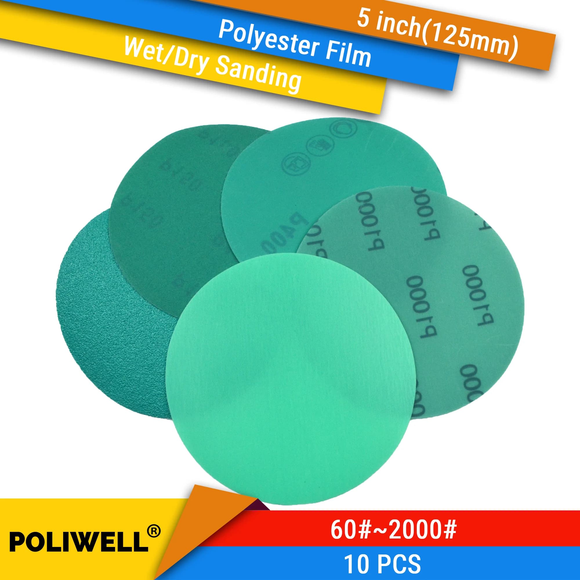 10PCS 5 Inch(125mm) Polyester Film Wet/Dry Hook & Loop Flocking Green Sanding Discs Paint Abrasive Sandpaper, 60#-2000#