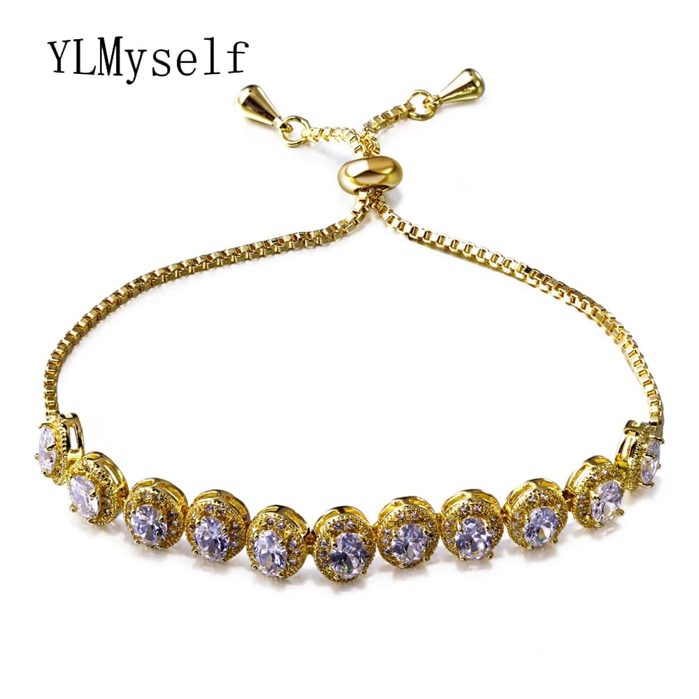 YLMyself Bracciale da donna con zirconi ovali color oro, regalo di gioielli di dimensioni regolabili per fidanzamento di nozze