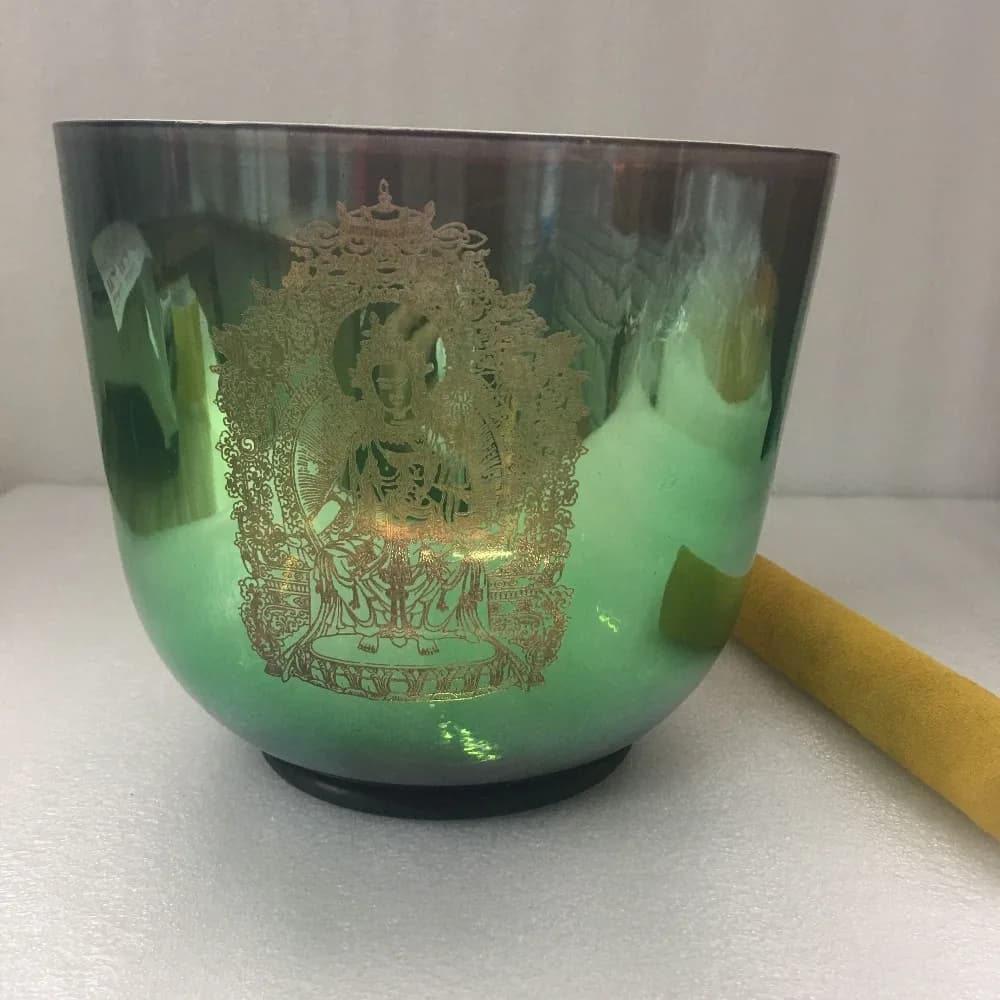 about 7.5 inch 3rd octave Titanium Crystal Singing Bowl 432HZ perfect Musical Note "F", heart chakra,design: Green Tara + Mantra