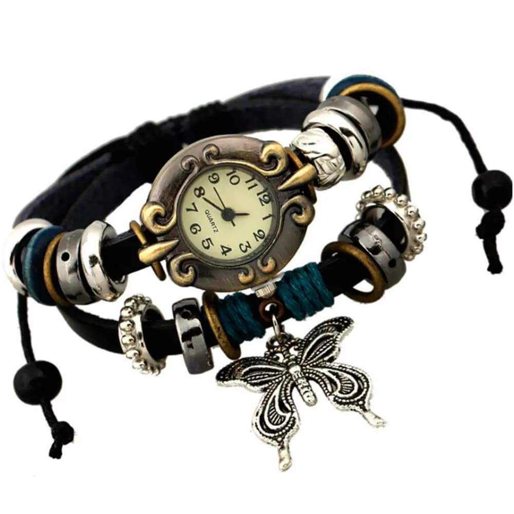 Quartz wristwatch with handmade butterfly beads, women's watch, man, lovers, vintage retro bracelet, leather straps, wristwatch