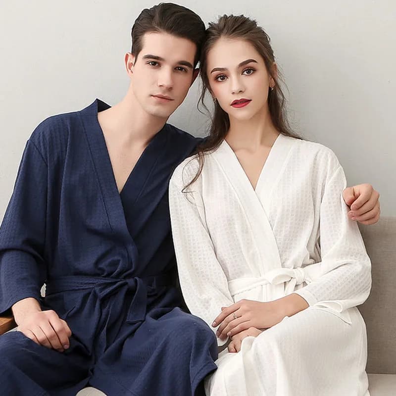Lovers Waffle Nightwear Summer Thin Kimono Robe Bathrobe Gown Man & Wome Casual Sleepwear Solid Home Clothes Loose Hotle Robe