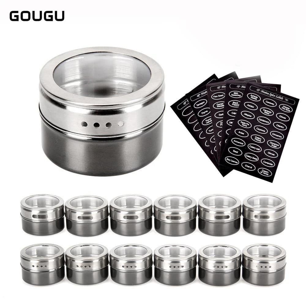 GOUGU Barattolo di spezie magnetico con adesivi Barattoli di spezie in acciaio inossidabile Strumenti per spruzzi di condimento al pepe