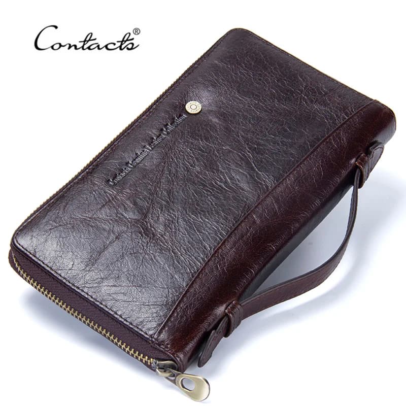 Contact's Cow Leather Men Casual Clutch Portafoglio Porta carte Borsa con cerniera con porta passaporto Custodia per telefono per portafoglio lungo maschile