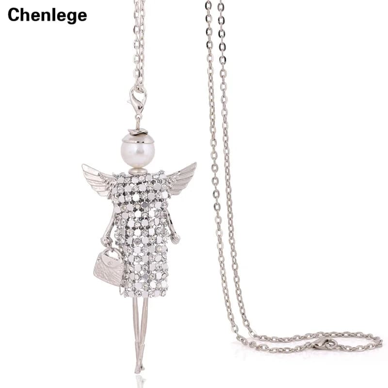 Collana Lunga Artigianale con Catena CZ, Collana con Strass Completa, Gioielli da Donna con Ciondolo in Cristallo